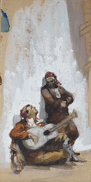 Spanish School, heightened watercolour and gouache on card, Guitarists, ink inscribed label verso, mounted, 28 x 14cm, unframed. Condition - fair